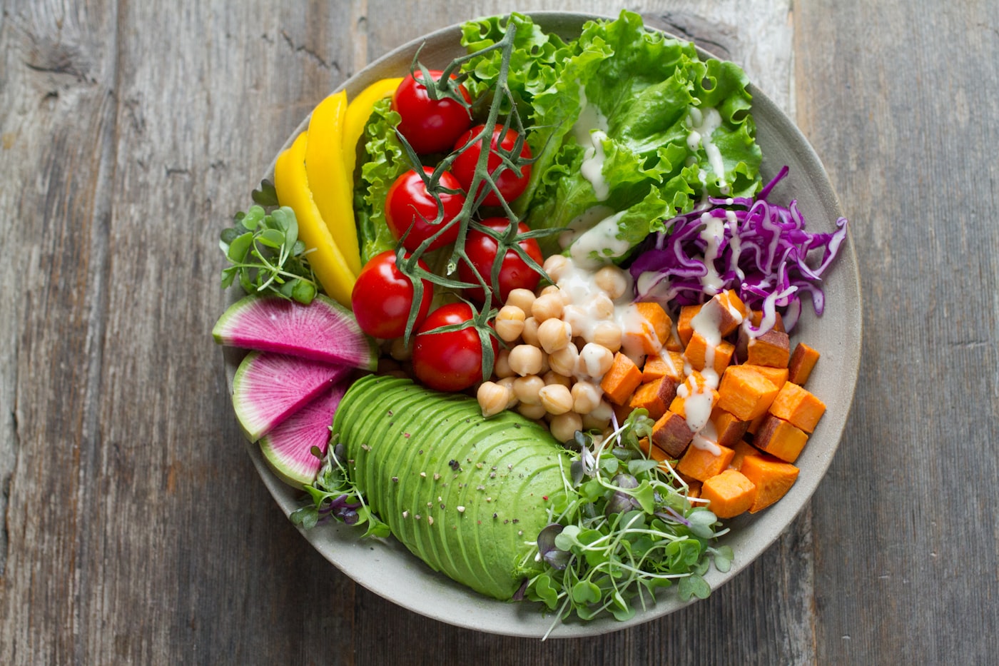 Colourful healthy salad bowl prepared for mindful eating coaching